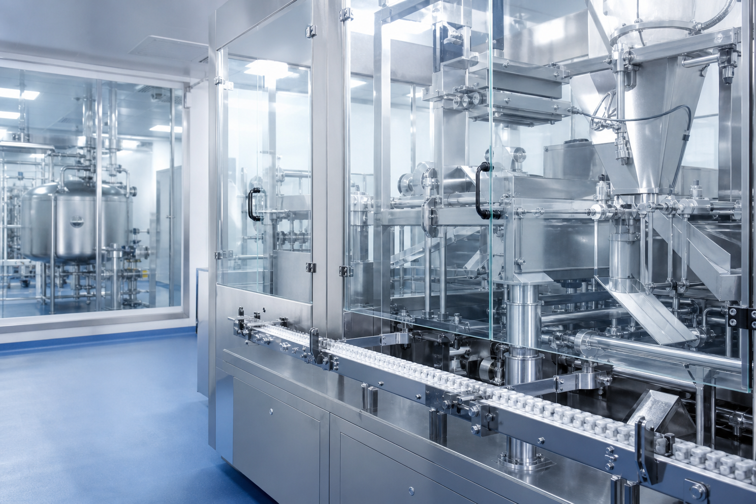 Entorno farmacéutico industrial con equipos de precisión